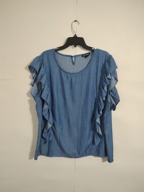 Ruffle-Sleeve Chambray Blouse - Light Blue